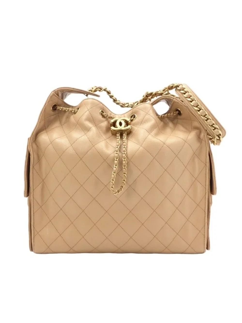 Chanel 25 Small Shoulder Bag Caviar Leather Beige Gold